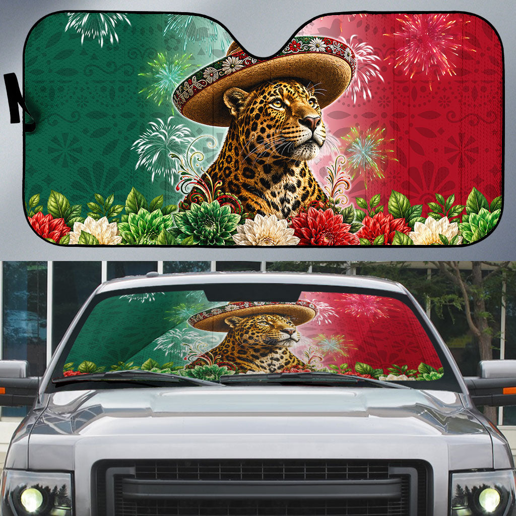 Viva Mexico Independence Day Auto Sun Shade Sombrero Jaguar Mayan Pyramid Fireworks