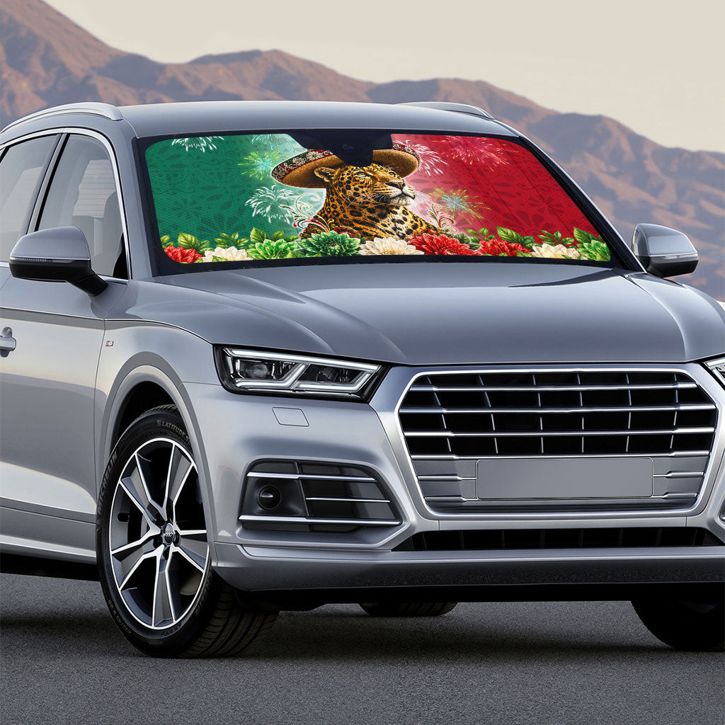 Viva Mexico Independence Day Auto Sun Shade Sombrero Jaguar Mayan Pyramid Fireworks