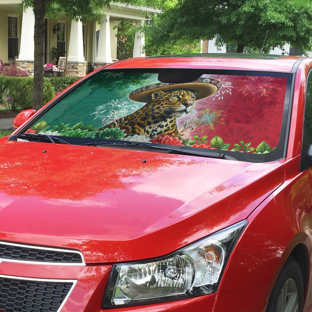Viva Mexico Independence Day Auto Sun Shade Sombrero Jaguar Mayan Pyramid Fireworks