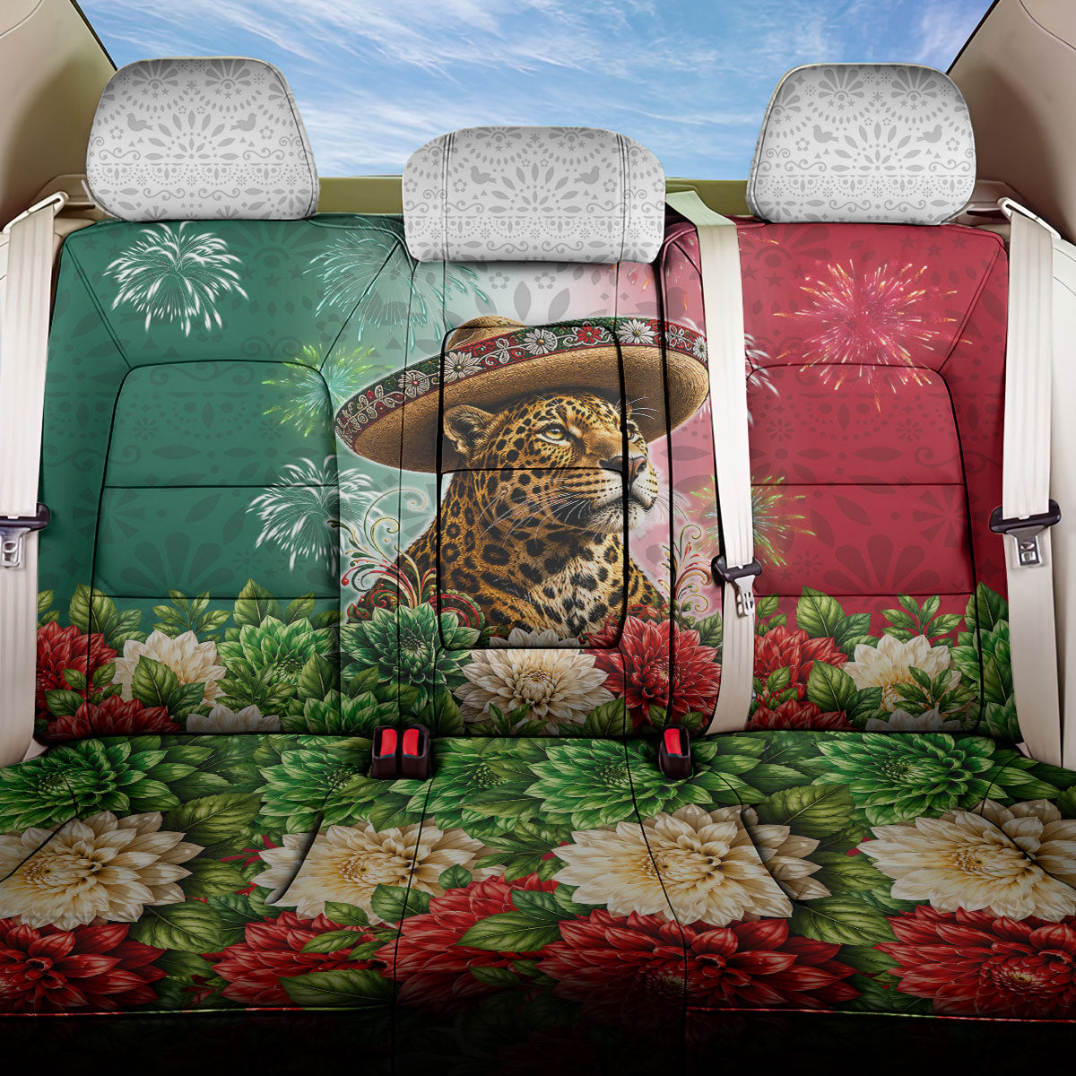 Viva Mexico Independence Day Back Car Seat Cover Sombrero Jaguar Mayan Pyramid Fireworks