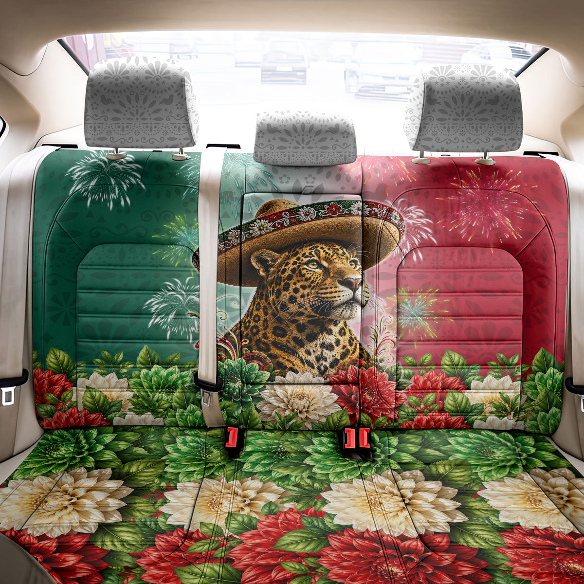 Viva Mexico Independence Day Back Car Seat Cover Sombrero Jaguar Mayan Pyramid Fireworks