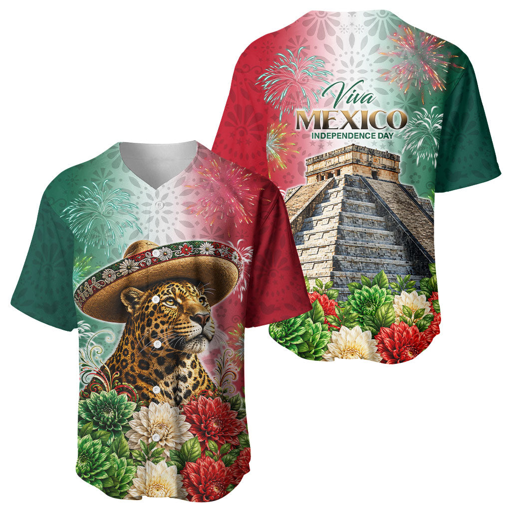 Viva Mexico Independence Day Baseball Jersey Sombrero Jaguar Mayan Pyramid Fireworks