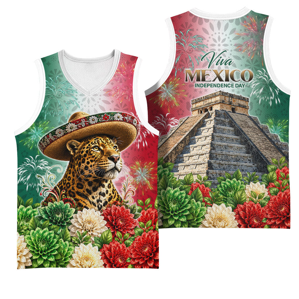 Viva Mexico Independence Day Basketball Jersey Sombrero Jaguar Mayan Pyramid Fireworks