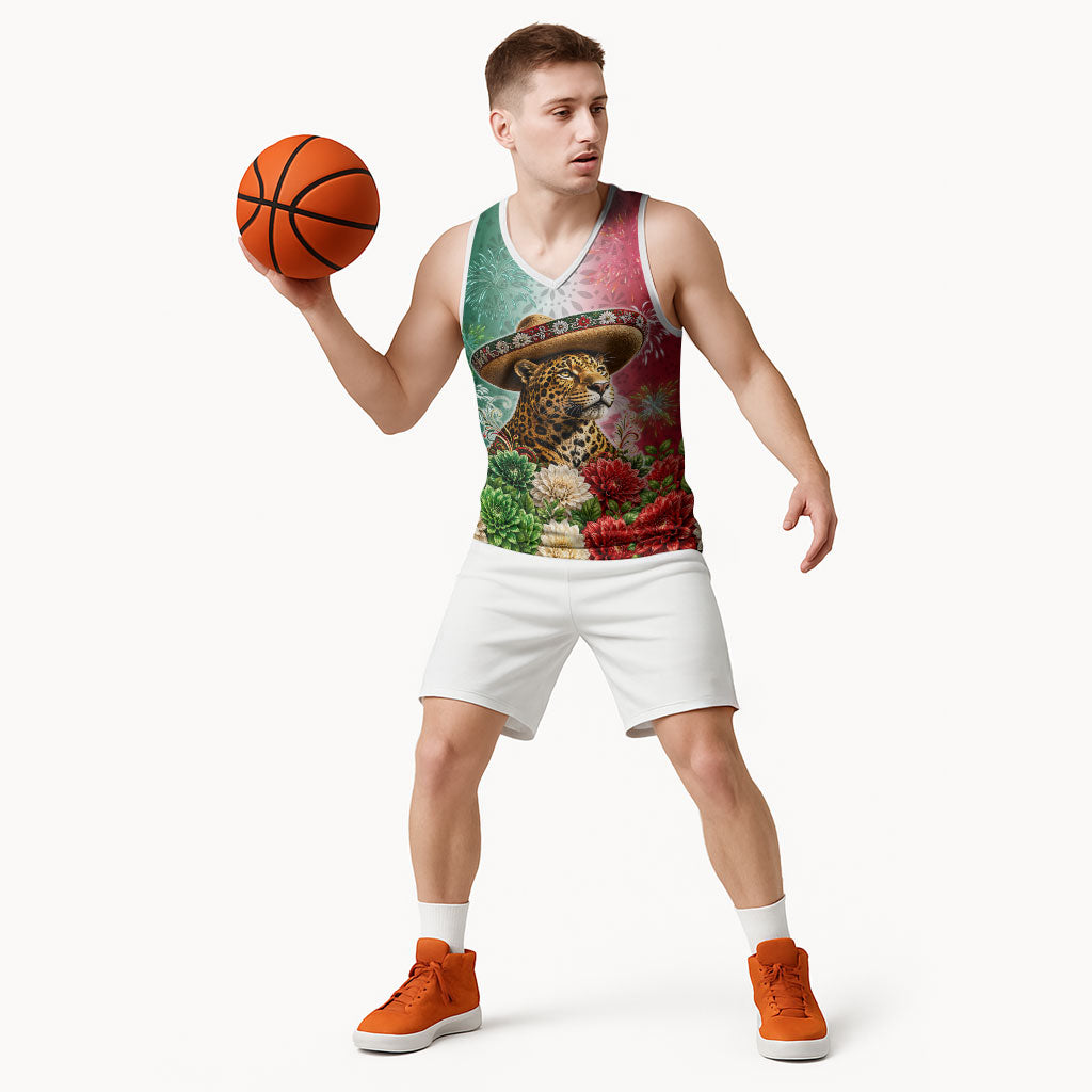 Viva Mexico Independence Day Basketball Jersey Sombrero Jaguar Mayan Pyramid Fireworks