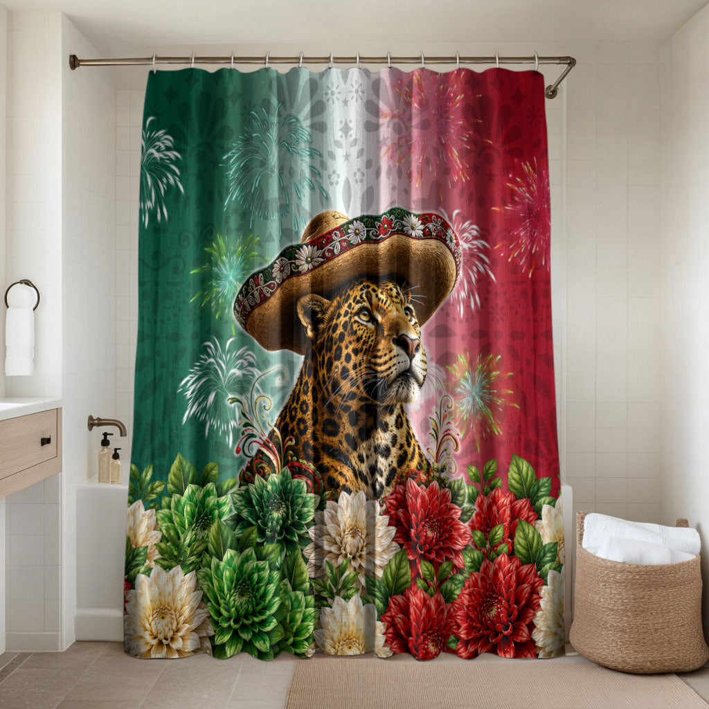 Viva Mexico Independence Day Bathroom Set Sombrero Jaguar Mayan Pyramid Fireworks