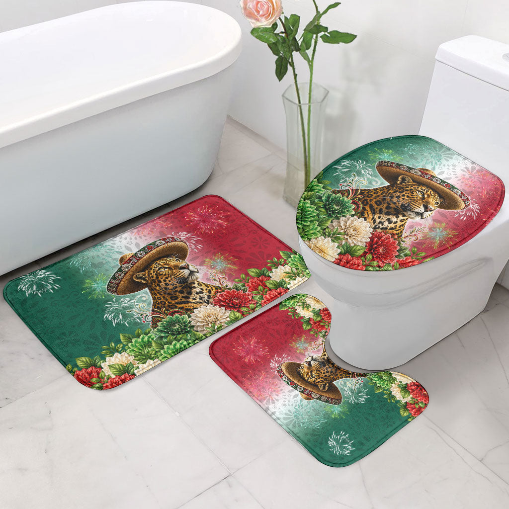 Viva Mexico Independence Day Bathroom Set Sombrero Jaguar Mayan Pyramid Fireworks