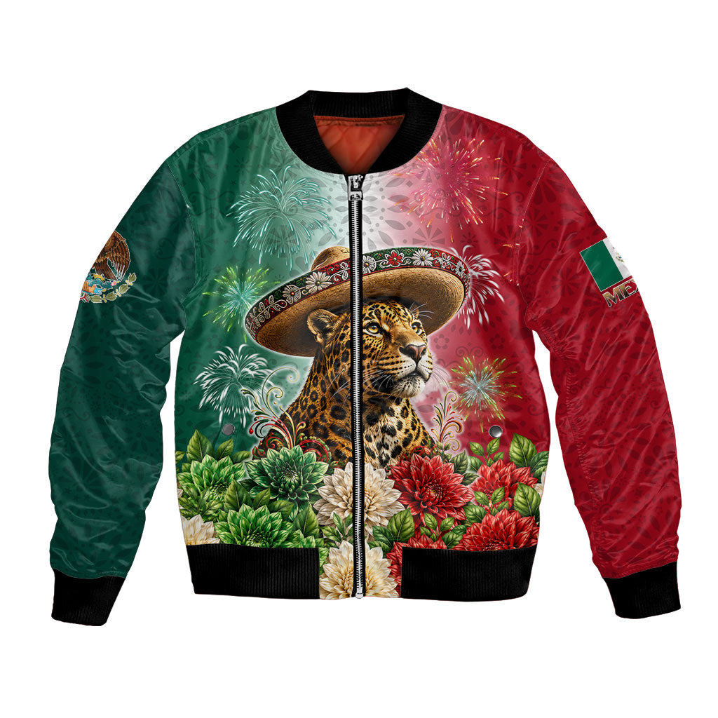 Viva Mexico Independence Day Bomber Jacket Sombrero Jaguar Mayan Pyramid Fireworks