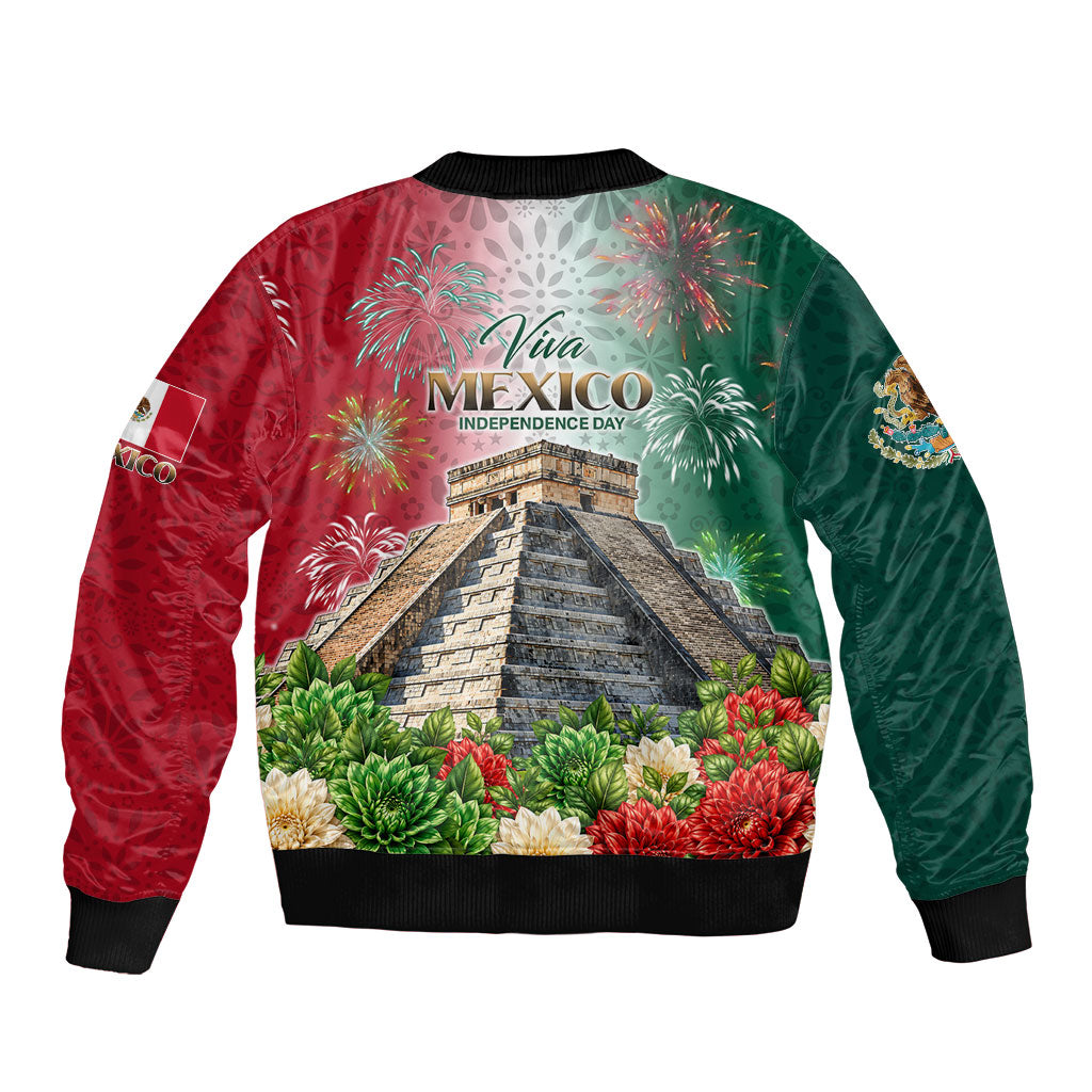 Viva Mexico Independence Day Bomber Jacket Sombrero Jaguar Mayan Pyramid Fireworks