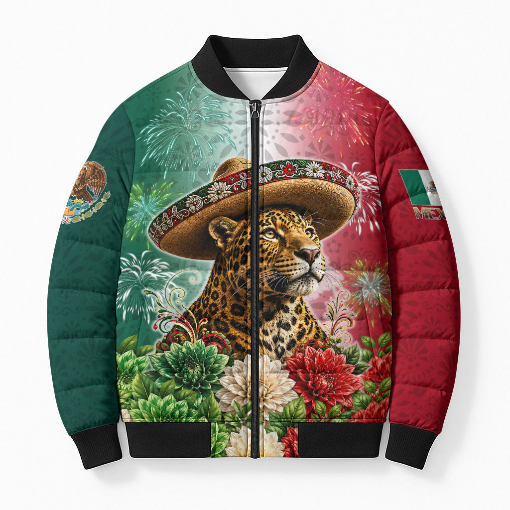 Viva Mexico Independence Day Bomber Puffer Jacket Sombrero Jaguar Mayan Pyramid Fireworks