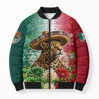Viva Mexico Independence Day Bomber Puffer Jacket Sombrero Jaguar Mayan Pyramid Fireworks