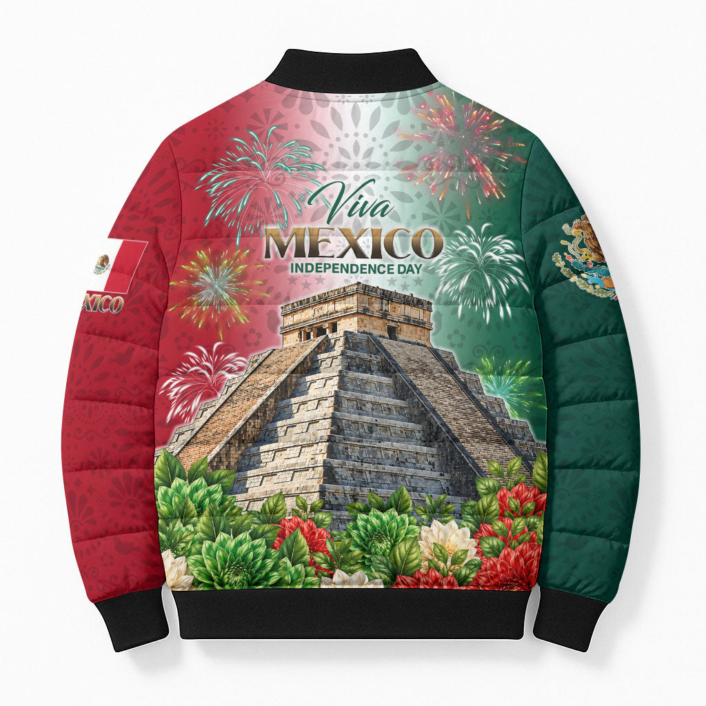 Viva Mexico Independence Day Bomber Puffer Jacket Sombrero Jaguar Mayan Pyramid Fireworks