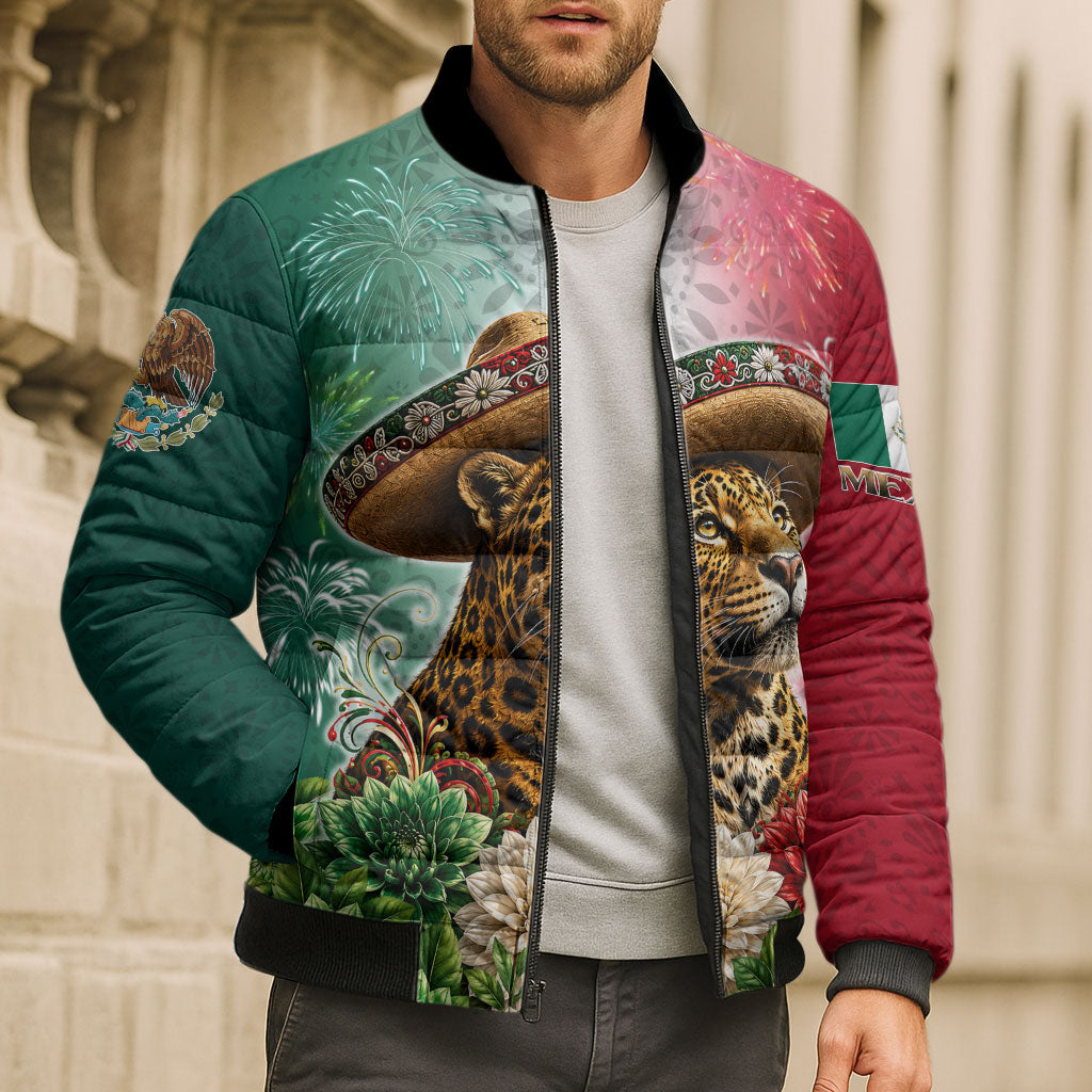 Viva Mexico Independence Day Bomber Puffer Jacket Sombrero Jaguar Mayan Pyramid Fireworks