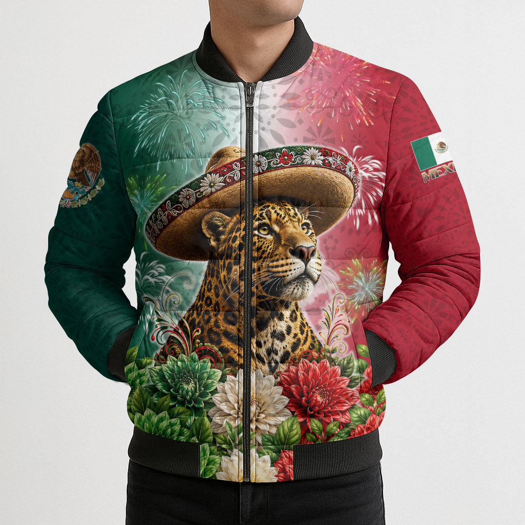 Viva Mexico Independence Day Bomber Puffer Jacket Sombrero Jaguar Mayan Pyramid Fireworks