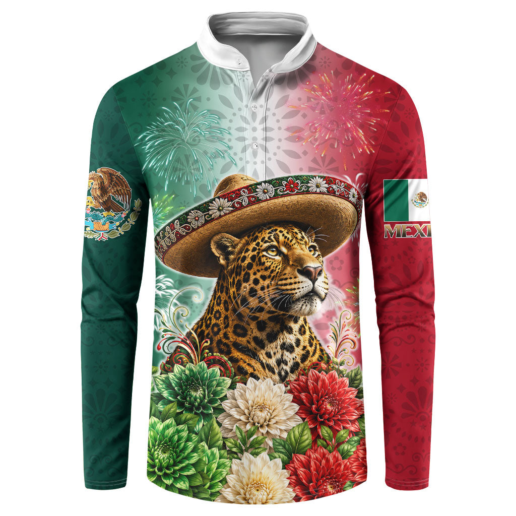 Viva Mexico Independence Day Button Sweatshirt Sombrero Jaguar Mayan Pyramid Fireworks
