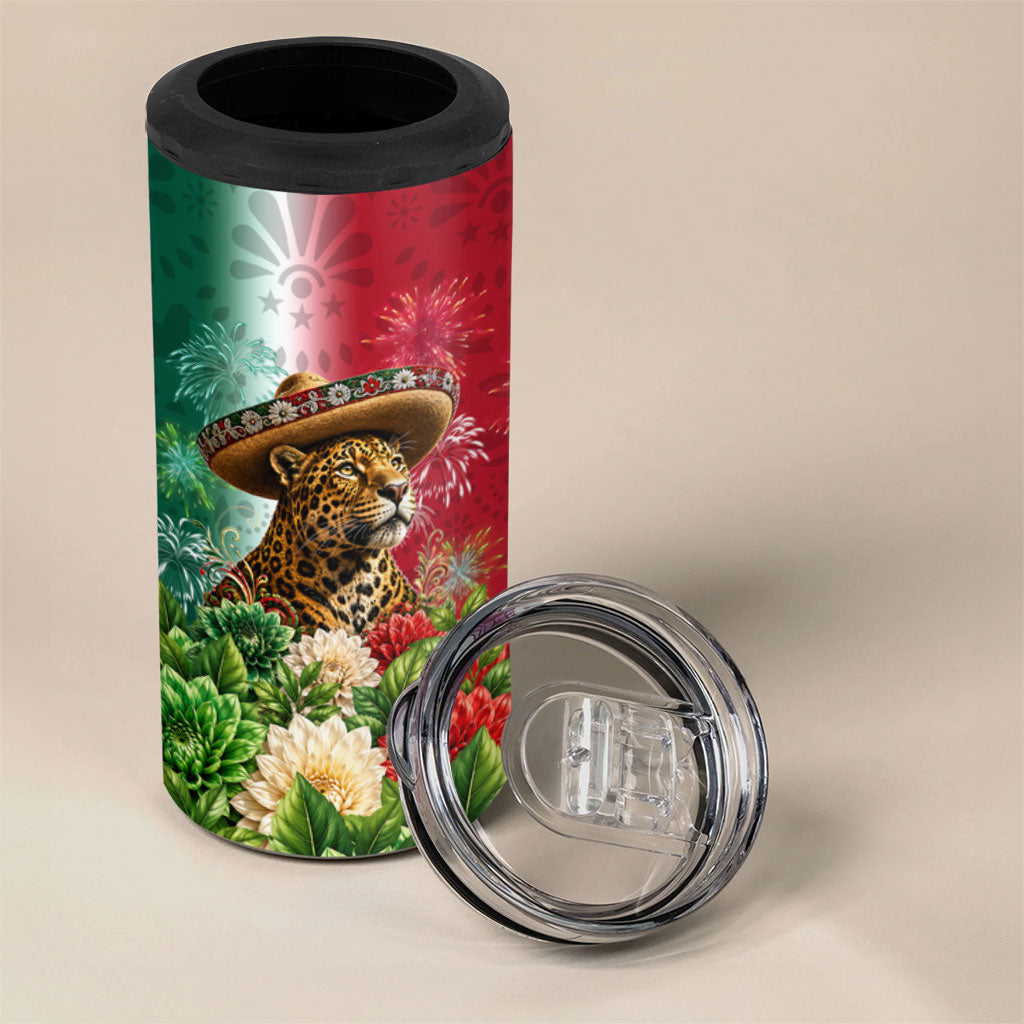 Viva Mexico Independence Day 4 in 1 Can Cooler Tumbler Sombrero Jaguar Mayan Pyramid Fireworks