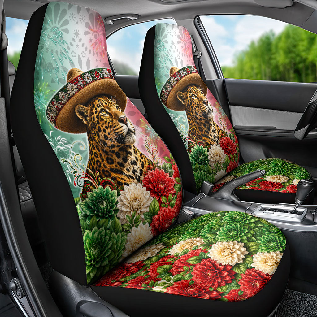 Viva Mexico Independence Day Car Seat Cover Sombrero Jaguar Mayan Pyramid Fireworks