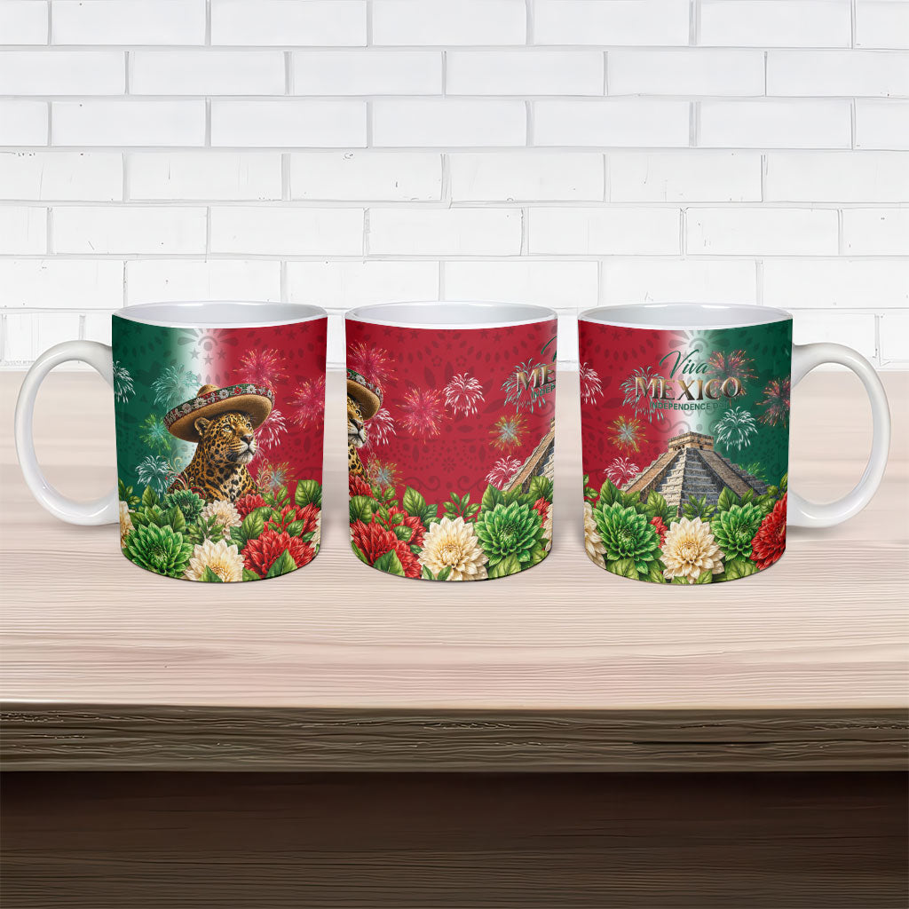 Viva Mexico Independence Day Ceramic Mug Sombrero Jaguar Mayan Pyramid Fireworks