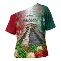 Viva Mexico Independence Day Cross Shoulder Shirt Sombrero Jaguar Mayan Pyramid Fireworks