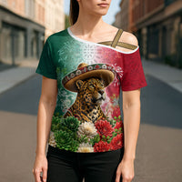 Viva Mexico Independence Day Cross Shoulder Shirt Sombrero Jaguar Mayan Pyramid Fireworks