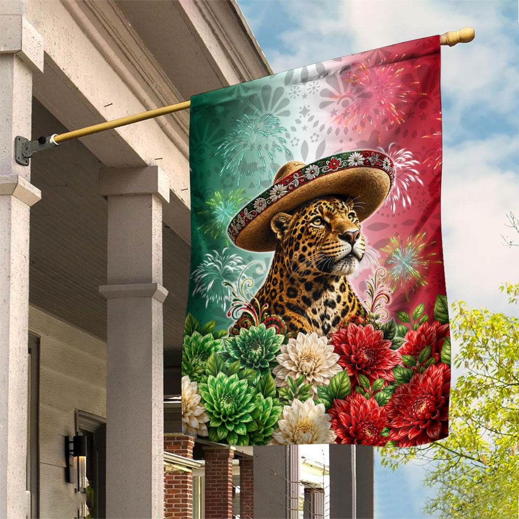 Viva Mexico Independence Day Garden Flag Sombrero Jaguar Mayan Pyramid Fireworks