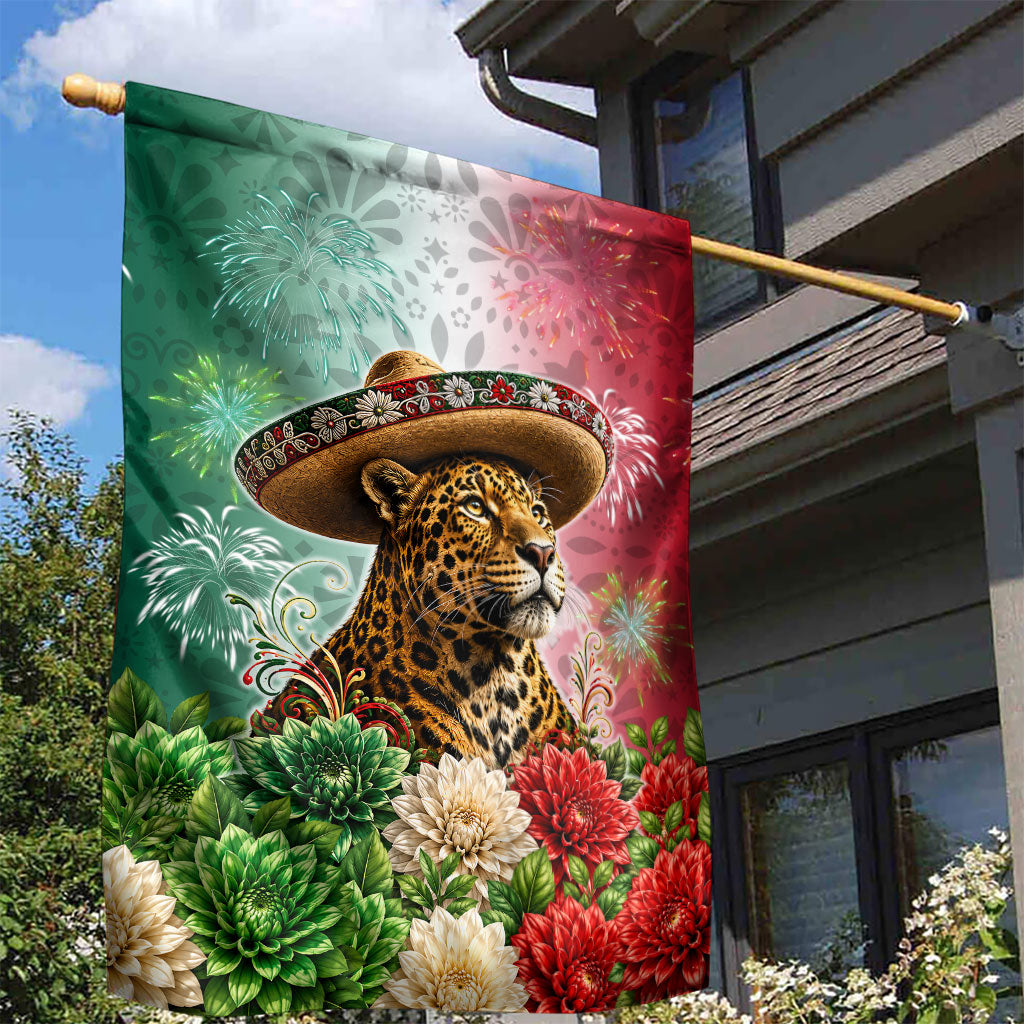 Viva Mexico Independence Day Garden Flag Sombrero Jaguar Mayan Pyramid Fireworks