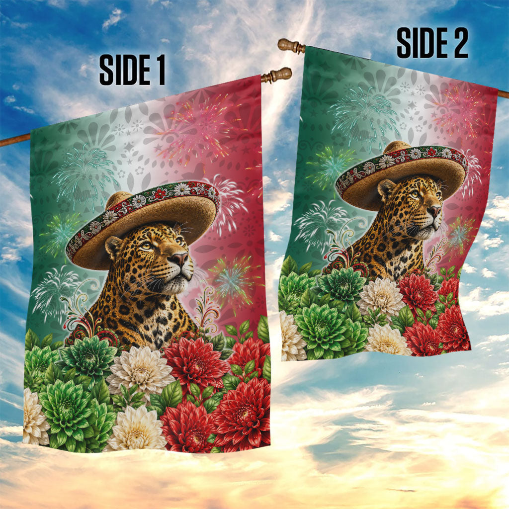 Viva Mexico Independence Day Garden Flag Sombrero Jaguar Mayan Pyramid Fireworks