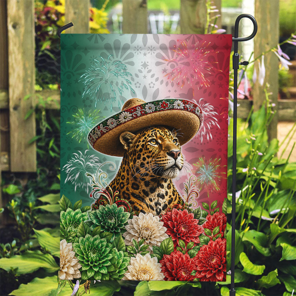 Viva Mexico Independence Day Garden Flag Sombrero Jaguar Mayan Pyramid Fireworks