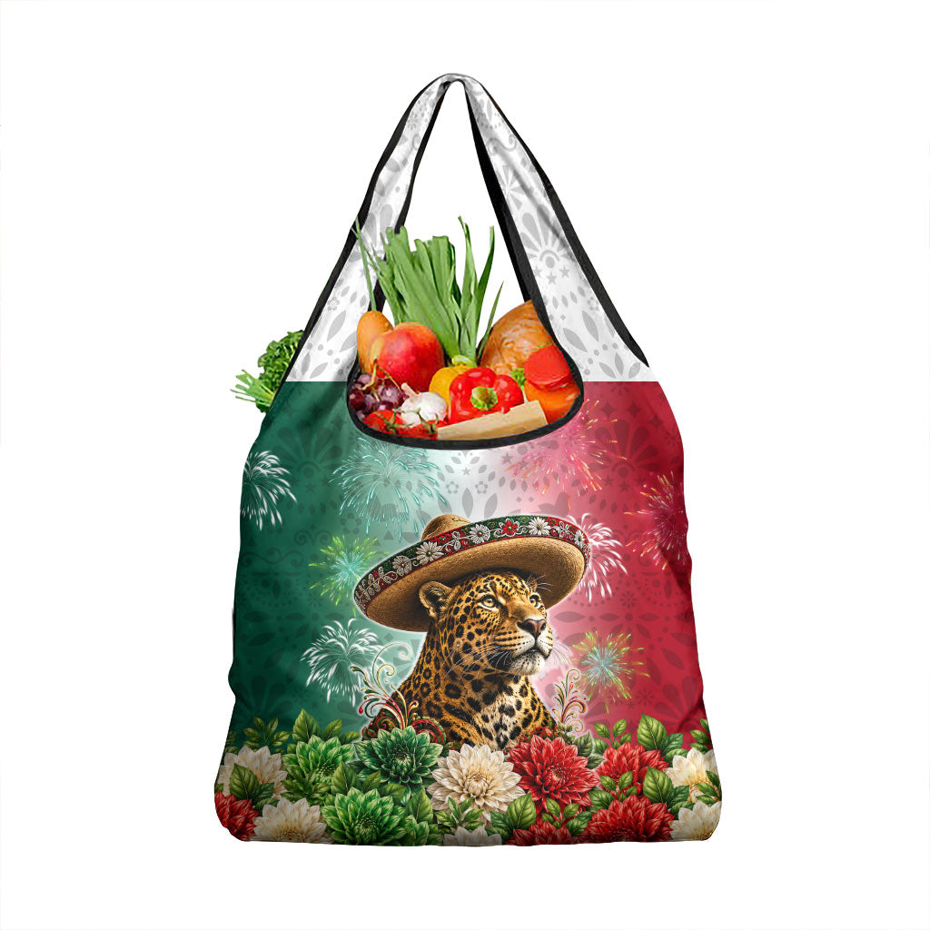 Viva Mexico Independence Day Grocery Bag Sombrero Jaguar Mayan Pyramid Fireworks
