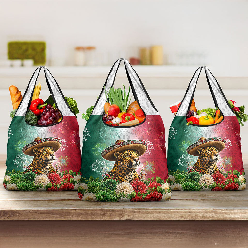 Viva Mexico Independence Day Grocery Bag Sombrero Jaguar Mayan Pyramid Fireworks
