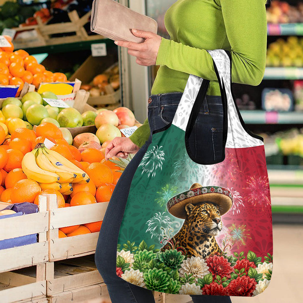 Viva Mexico Independence Day Grocery Bag Sombrero Jaguar Mayan Pyramid Fireworks