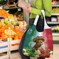 Viva Mexico Independence Day Grocery Bag Sombrero Jaguar Mayan Pyramid Fireworks