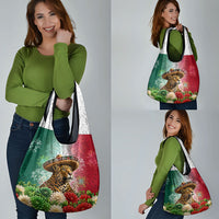 Viva Mexico Independence Day Grocery Bag Sombrero Jaguar Mayan Pyramid Fireworks