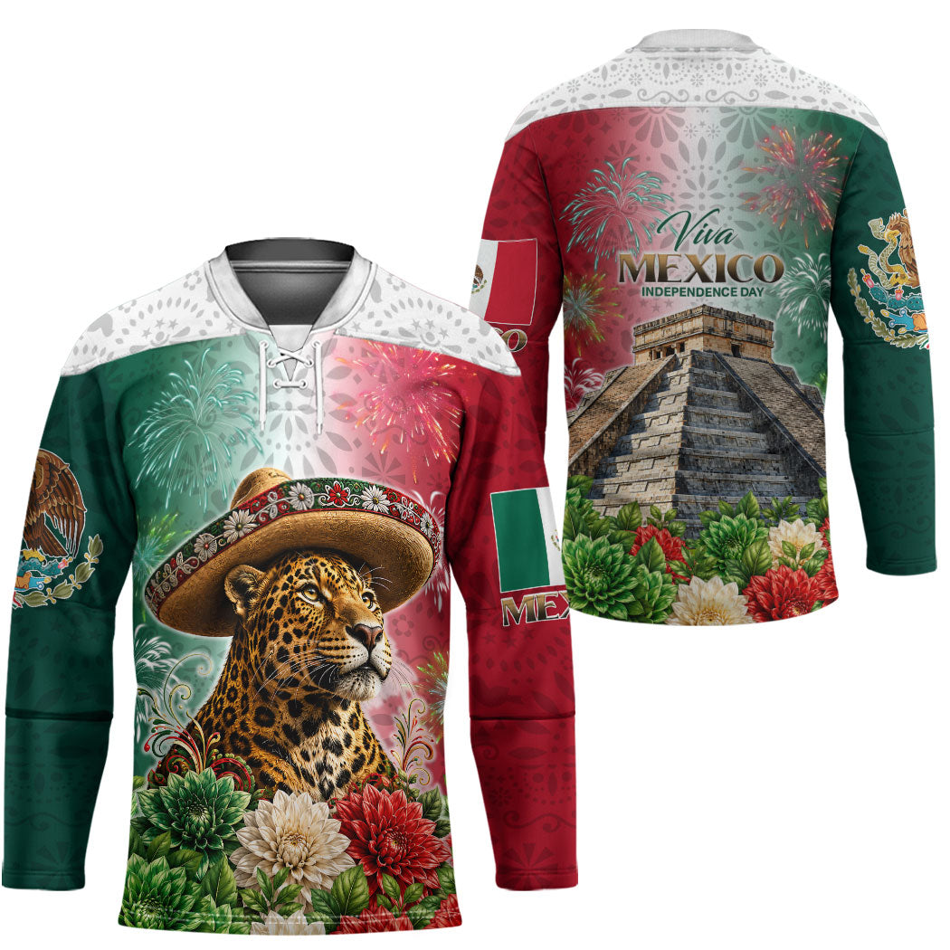 Viva Mexico Independence Day Hockey Jersey Sombrero Jaguar Mayan Pyramid Fireworks