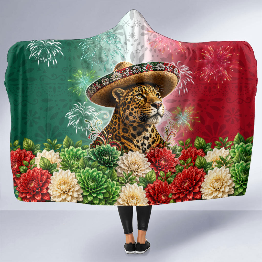 Viva Mexico Independence Day Hooded Blanket Sombrero Jaguar Mayan Pyramid Fireworks