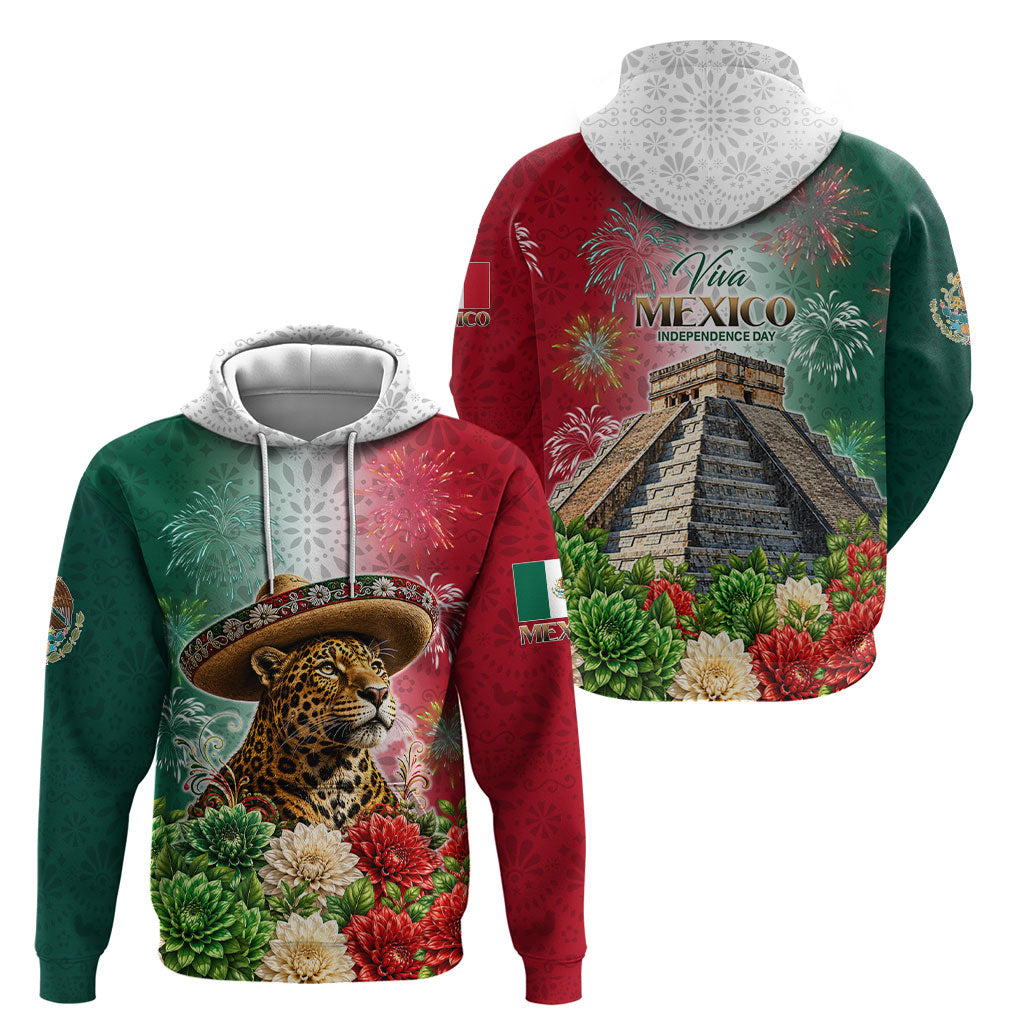 Viva Mexico Independence Day Hoodie Sombrero Jaguar Mayan Pyramid Fireworks