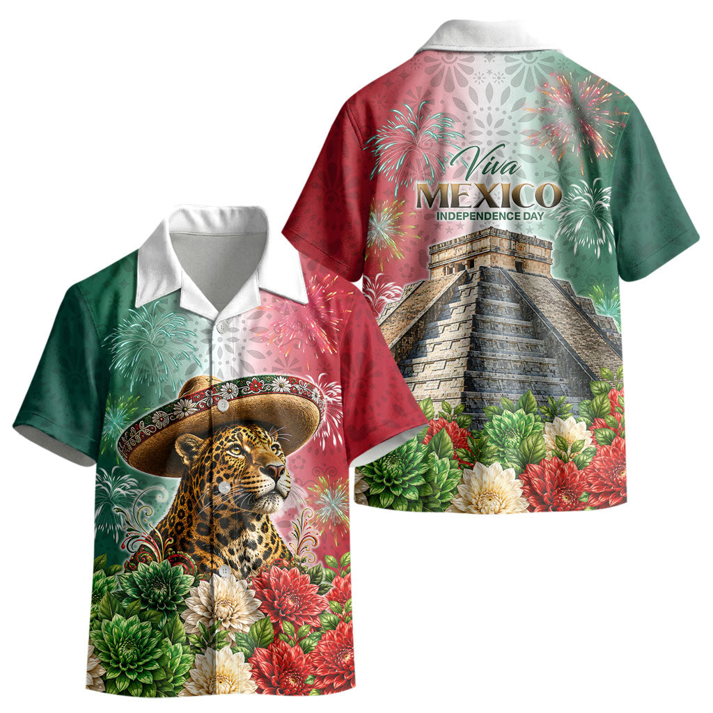 Viva Mexico Independence Day Kid Hawaiian Shirt Sombrero Jaguar Mayan Pyramid Fireworks