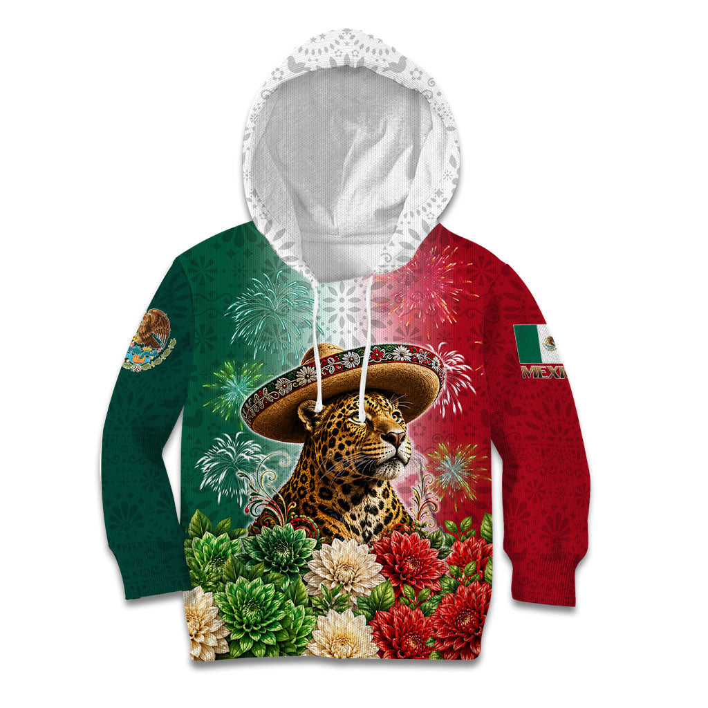 Viva Mexico Independence Day Kid Hoodie Sombrero Jaguar Mayan Pyramid Fireworks