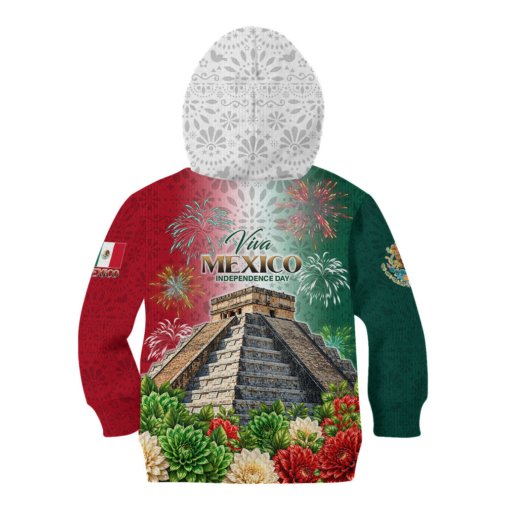 Viva Mexico Independence Day Kid Hoodie Sombrero Jaguar Mayan Pyramid Fireworks