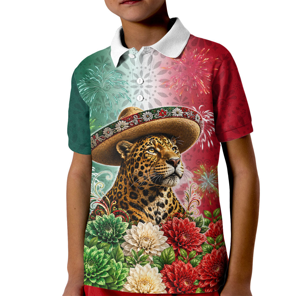 Viva Mexico Independence Day Kid Polo Shirt Sombrero Jaguar Mayan Pyramid Fireworks