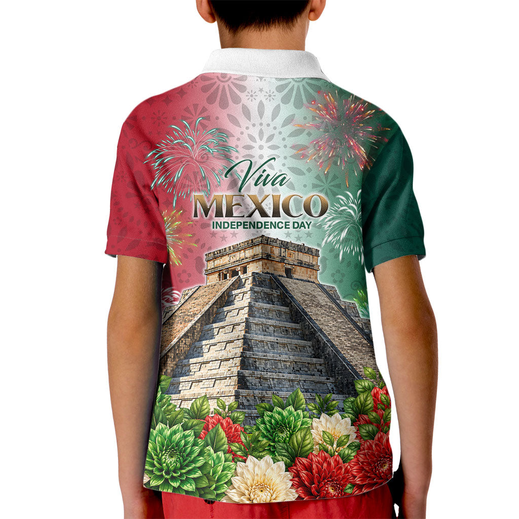Viva Mexico Independence Day Kid Polo Shirt Sombrero Jaguar Mayan Pyramid Fireworks