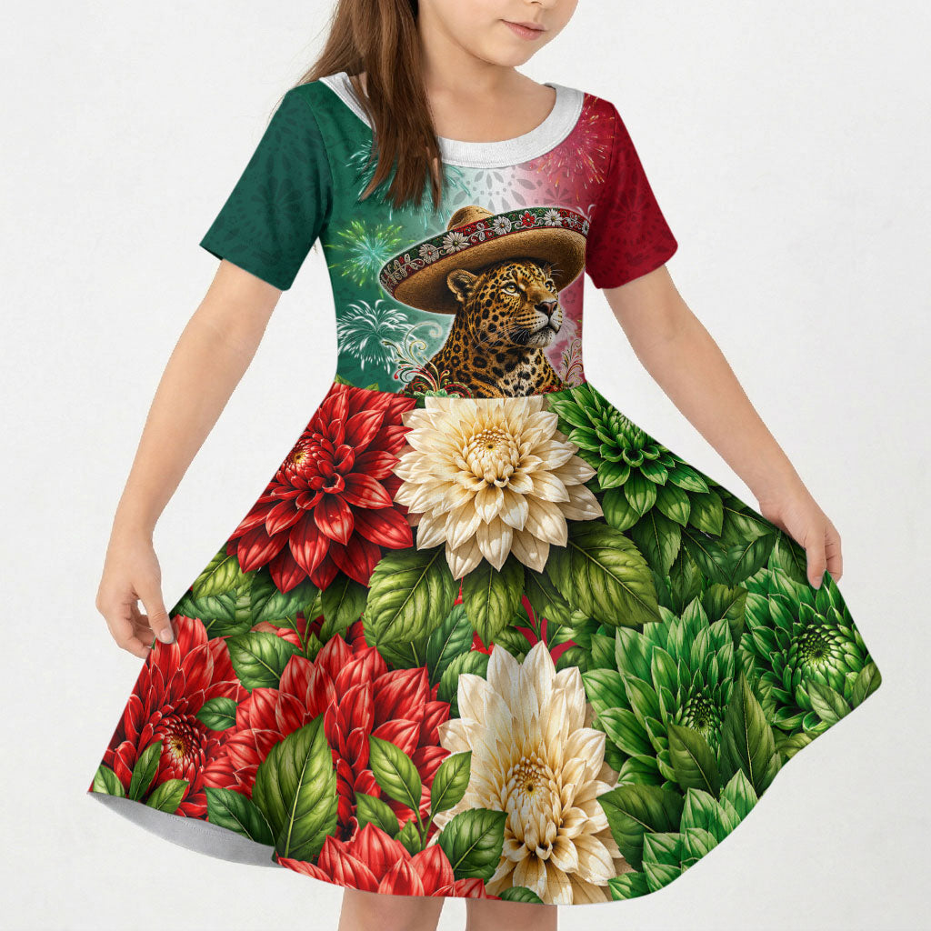 Viva Mexico Independence Day Kid Short Sleeve Dress Sombrero Jaguar Mayan Pyramid Fireworks
