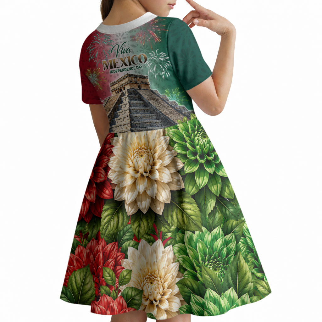 Viva Mexico Independence Day Kid Short Sleeve Dress Sombrero Jaguar Mayan Pyramid Fireworks