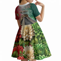 Viva Mexico Independence Day Kid Short Sleeve Dress Sombrero Jaguar Mayan Pyramid Fireworks