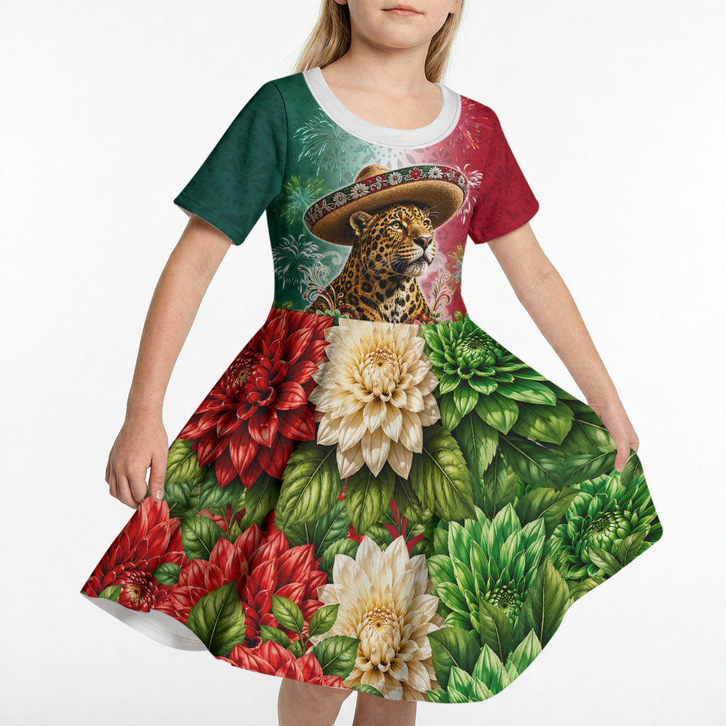 Viva Mexico Independence Day Kid Short Sleeve Dress Sombrero Jaguar Mayan Pyramid Fireworks