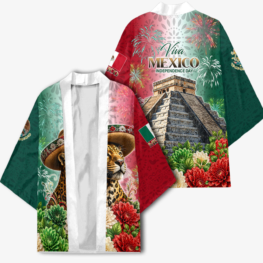 Viva Mexico Independence Day Kimono Sombrero Jaguar Mayan Pyramid Fireworks