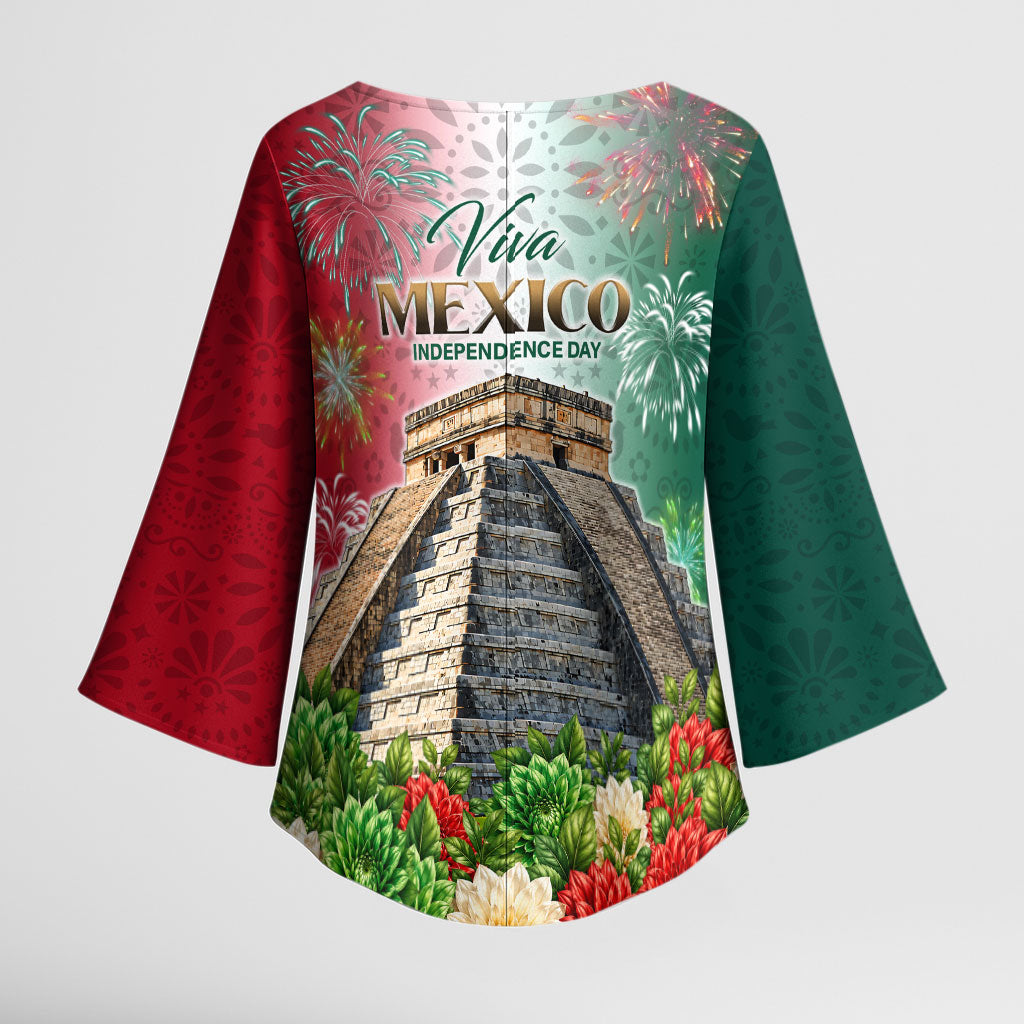 Viva Mexico Independence Day Kimono Sleeve Blouse Sombrero Jaguar Mayan Pyramid Fireworks