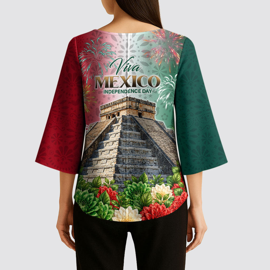 Viva Mexico Independence Day Kimono Sleeve Blouse Sombrero Jaguar Mayan Pyramid Fireworks