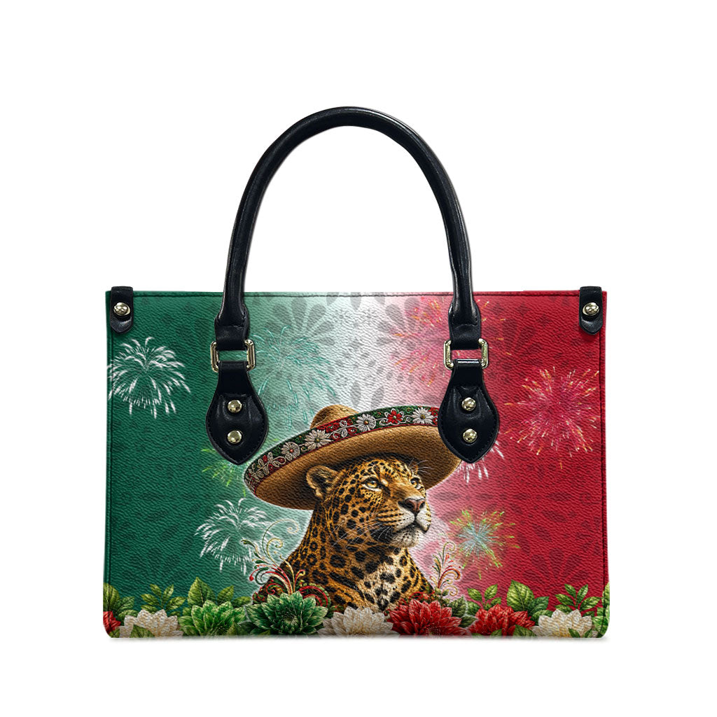 Viva Mexico Independence Day Leather Bag Sombrero Jaguar Mayan Pyramid Fireworks