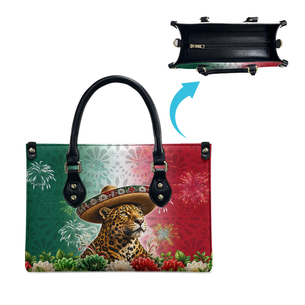 Viva Mexico Independence Day Leather Bag Sombrero Jaguar Mayan Pyramid Fireworks