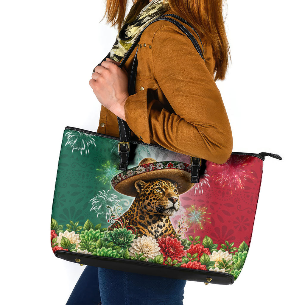 Viva Mexico Independence Day Leather Tote Bag Sombrero Jaguar Mayan Pyramid Fireworks